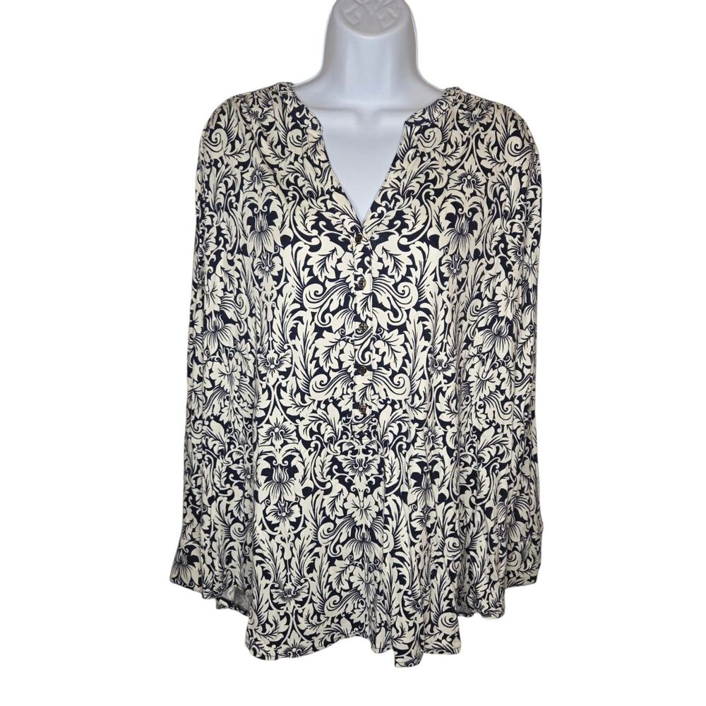 Lands' End Womens 2X Plus Damask Supima Cotton Rayon Split V-Neck Tunic Top Blue